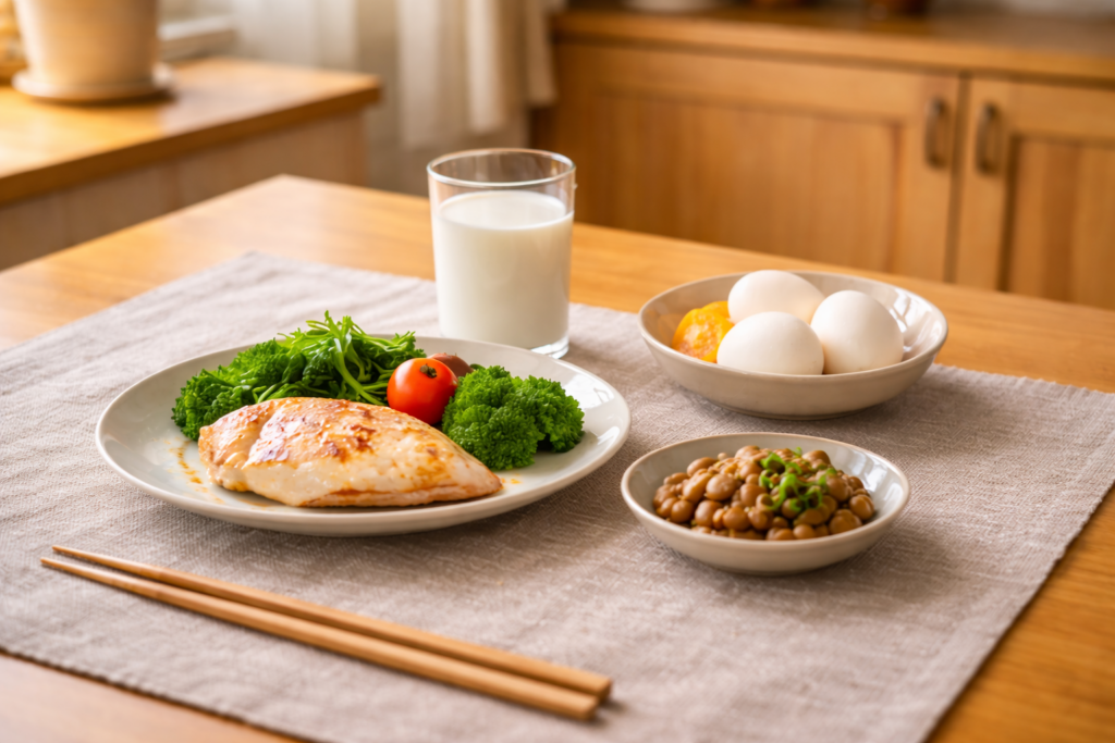 鶏肉やゆで卵、納豆、野菜と牛乳が並んだタンパク質中心のバランスの良い食事の様子