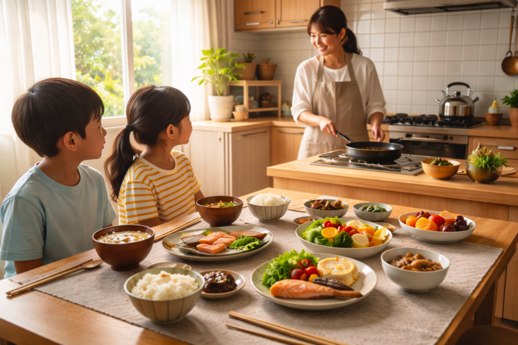 朝のキッチンで母親が調理をし、子どもたちが見守る中でバランスの良い食事が並んだ家庭の様子