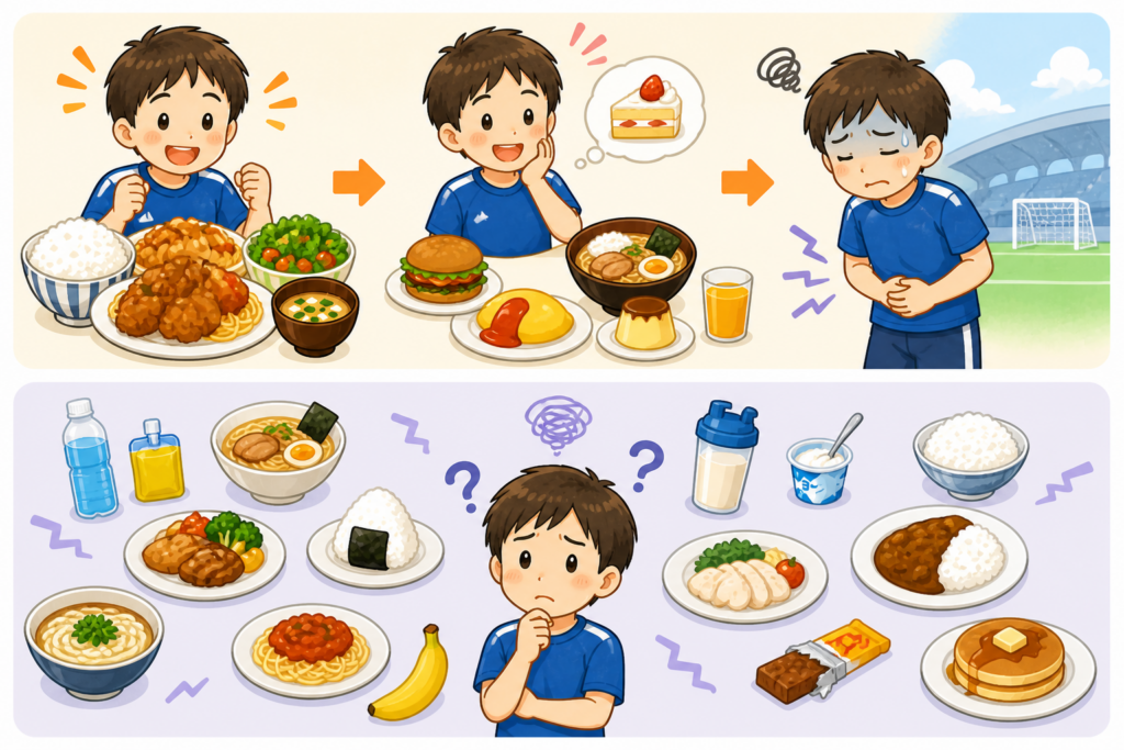 食事や補食が散らばって配置され、バランスが崩れている状態を表したシンプルな構図。