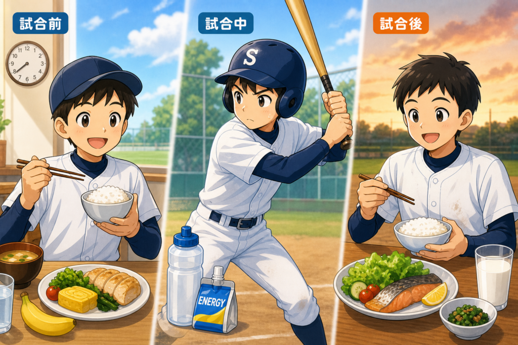 試合前後や練習に合わせて食事をしている様子。