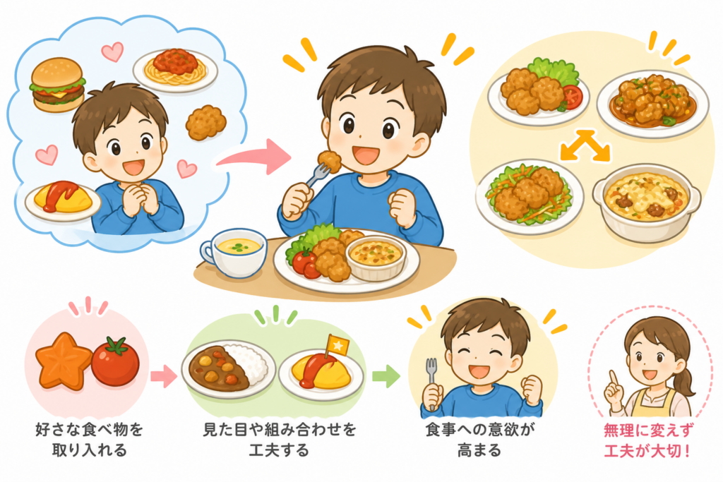 好きな食べ物を取り入れて食事への意欲が高まる様子と、工夫して食べやすくしている場面。