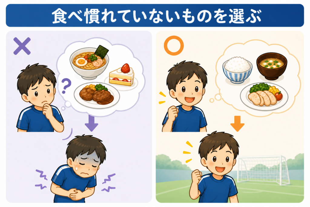 食べ慣れていない食事で体調を崩している様子と、普段の食事で元気に動けている様子が左右で対比されたシンプルなイラスト。