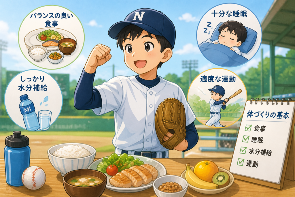 野球をしている子どもが食事で体づくりをしている様子。