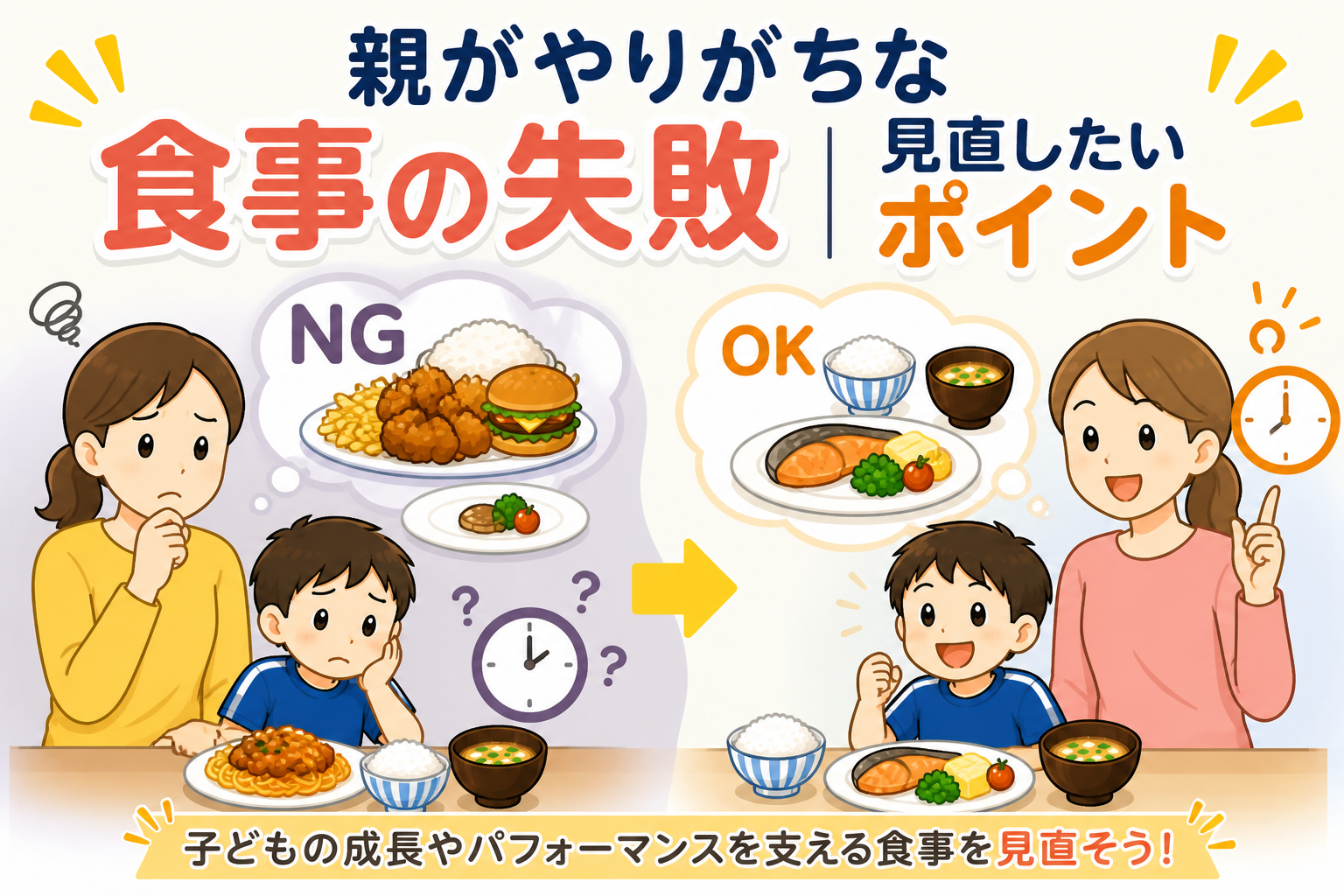 親の食事の失敗（量や内容・タイミングのズレ）と、見直して整えた食事で子どもが元気になる様子が対比されたアイキャッチ。