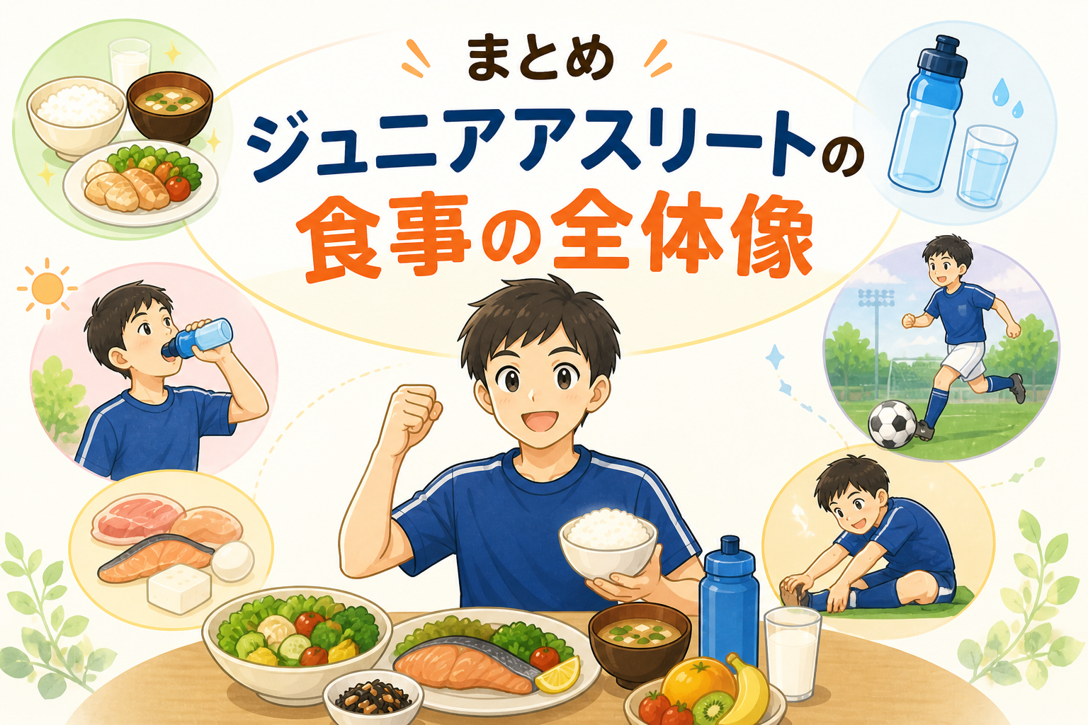 ジュニアアスリートの食事の全体像をテーマに、食事・水分・運動をバランスよく取り入れている様子が表現されたアイキャッチ。