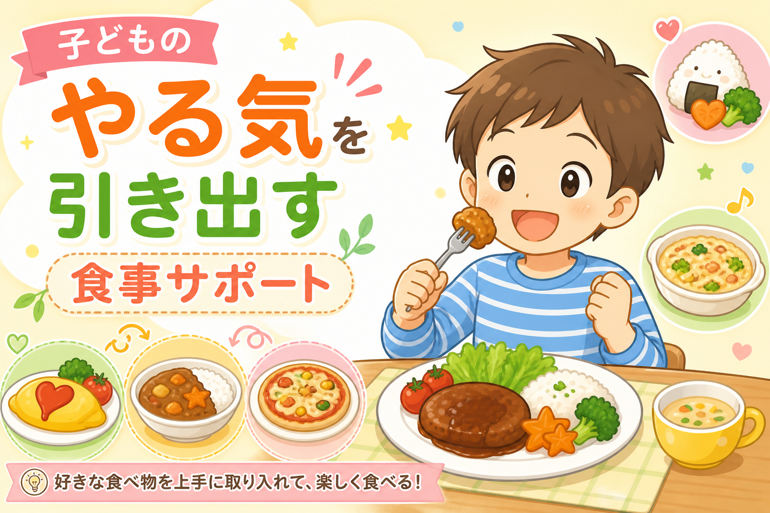 子どものやる気を引き出す食事サポートをテーマに、好きな食べ物を取り入れて楽しく食事している様子が表現されたアイキャッチ。