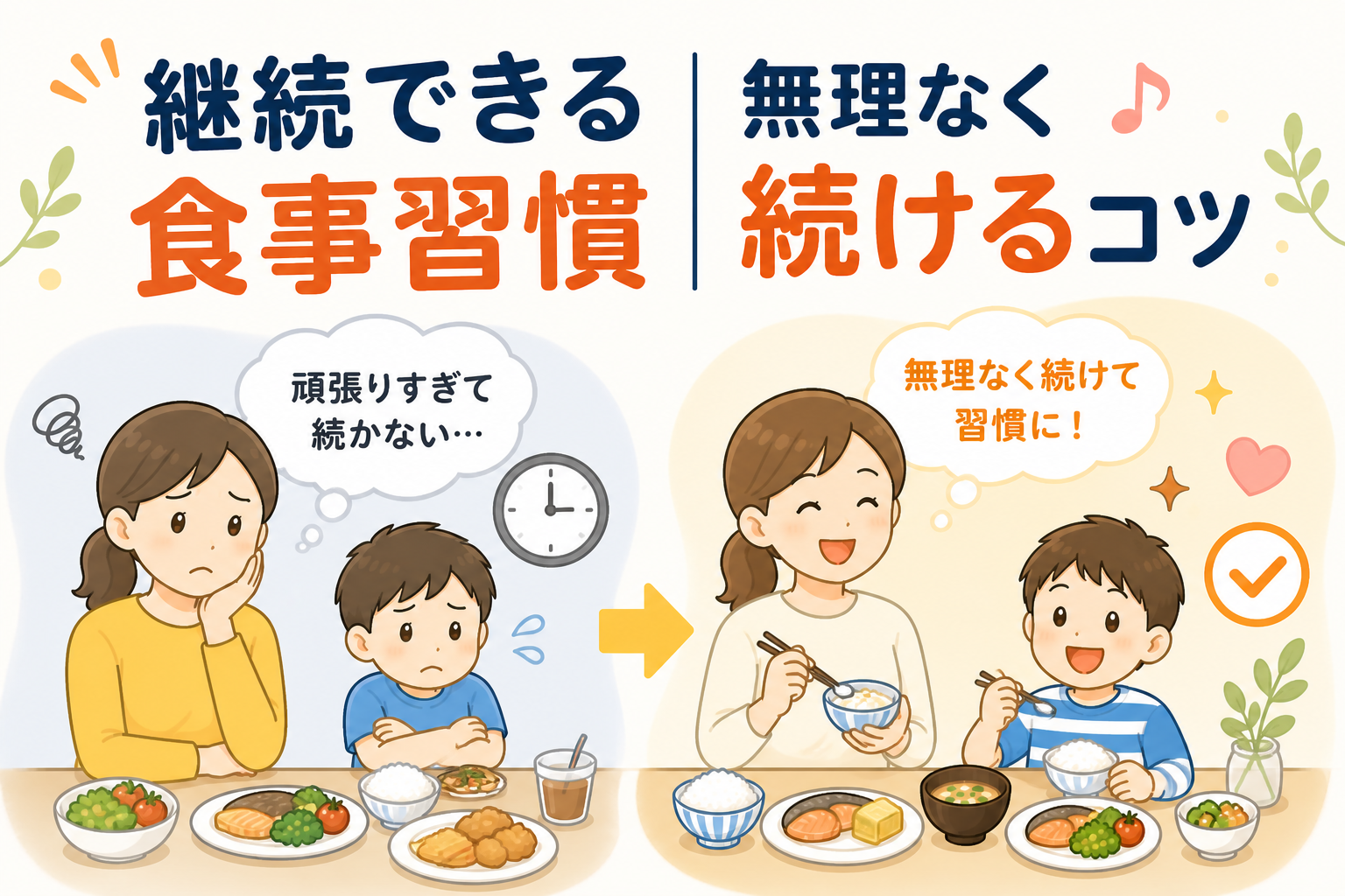 継続できる食事習慣と無理なく続けるコツをテーマに、無理して続かない状態と無理なく習慣化できている状態が対比されたアイキャッチ。