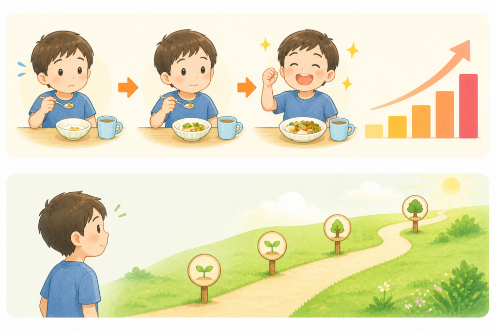少ない食事から少しずつ量が増えていく流れと、ゆるやかに上がるグラフが組み合わさった構図。無理に増やすのではなく、少しずつ積み重ねていくことで変化していく様子が直感的に伝わるイラスト。