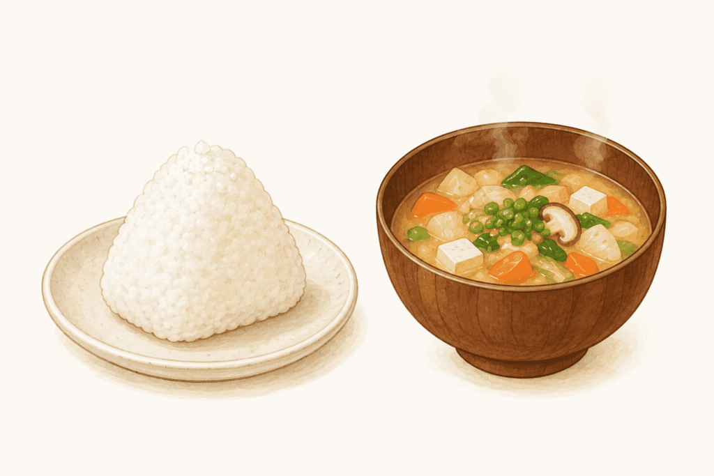 「塩むすびと具だくさん味噌汁